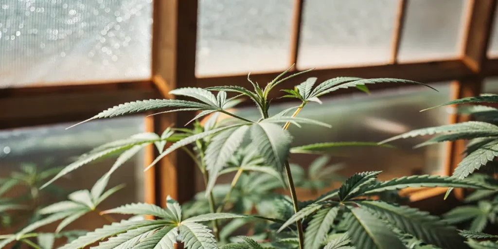 Healthy cannabis plant in the vegetative stage growing inside a greenhouse with natural light filtering through the glass panels.