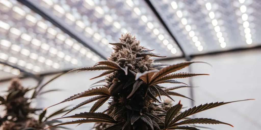 Indoor cannabis cola with dense buds and frosty trichomes growing under LED grow lights in a controlled environment.