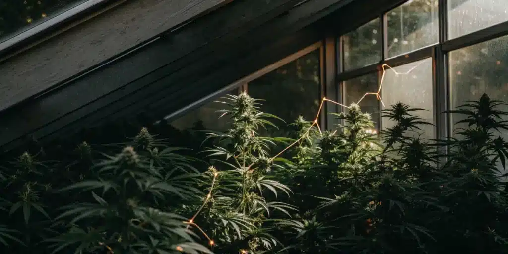 Indoor cannabis plants cultivated in an attic greenhouse with supplemental LED lighting and controlled environment.
