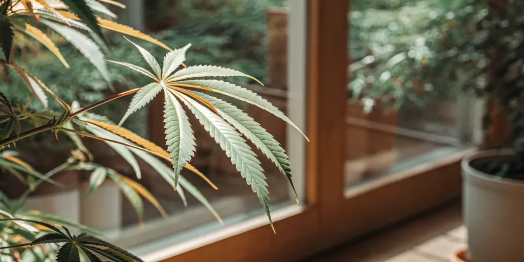 Indoor cannabis leaf with yellow edges exposed to natural light through a window