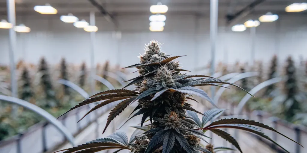 Indoor cannabis plant in late flowering stage growing under LED lights inside a controlled cultivation facility.