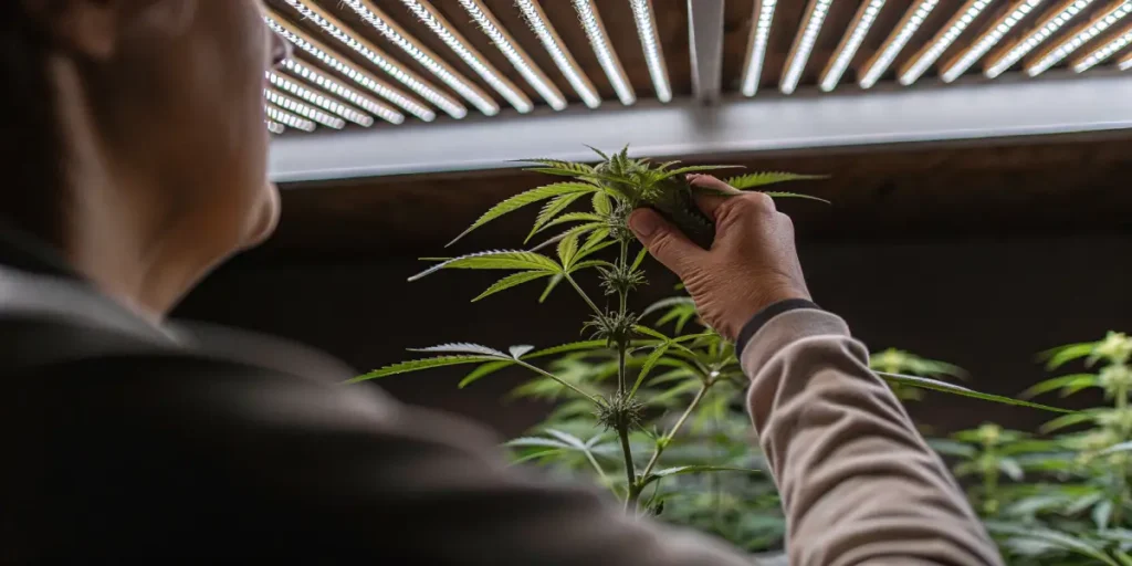 Indoor cannabis plant being carefully inspected by a grower under LED grow lights during the flowering stage.