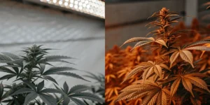 Indoor cannabis plant growing under LED lighting compared to a flowering cannabis plant under warmer spectrum lights