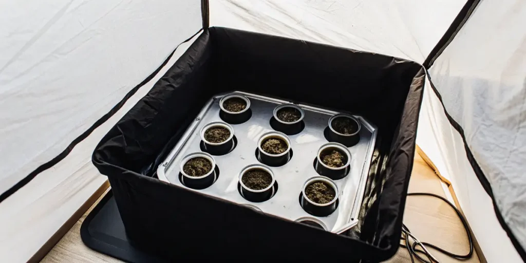 Top-down view of cannabis seedlings growing in small containers inside an indoor grow tent.