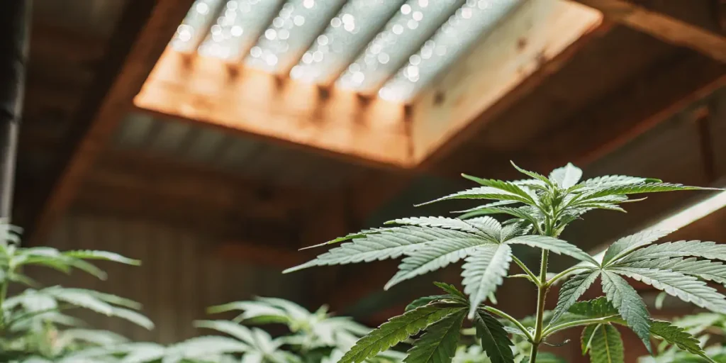 Cannabis plant in the vegetative stage growing indoors under artificial lighting.