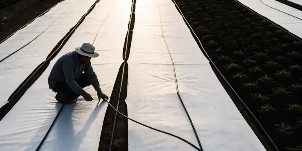 Worker installing drip irrigation hoses across rows of cannabis plants in an outdoor field.
