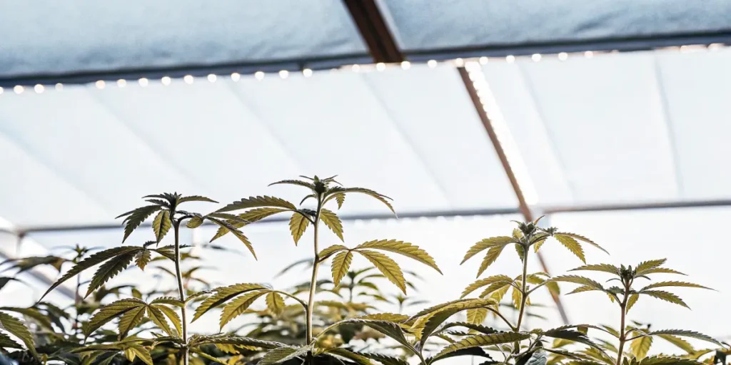 Jeunes plantes de cannabis cultivées en serre sous lumière naturelle avec feuilles vert clair en phase végétative.
