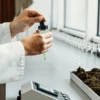 Scientist preparing a liquid cannabis extract sample for laboratory analysis using precision tools.