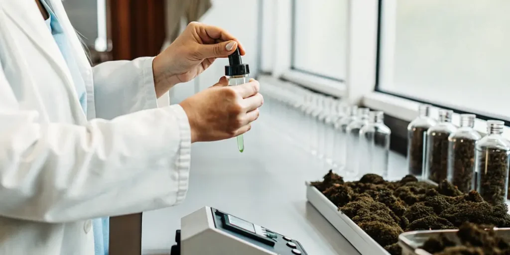 Scientist preparing a liquid cannabis extract sample for laboratory analysis using precision tools.