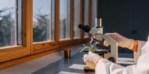 Laboratory analysis of a cannabis leaf under a microscope near a sunlit window