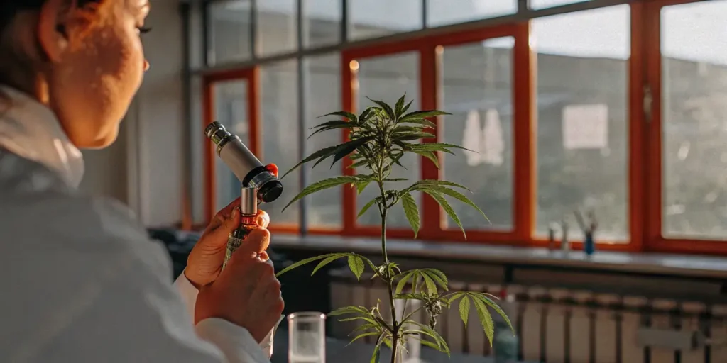 Researcher examining a young cannabis plant with a refractometer during laboratory analysis.