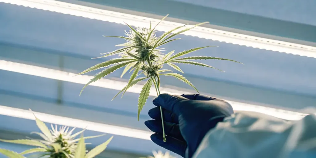 Laboratory inspection of a cannabis flower held by a gloved hand under LED grow lights during quality analysis