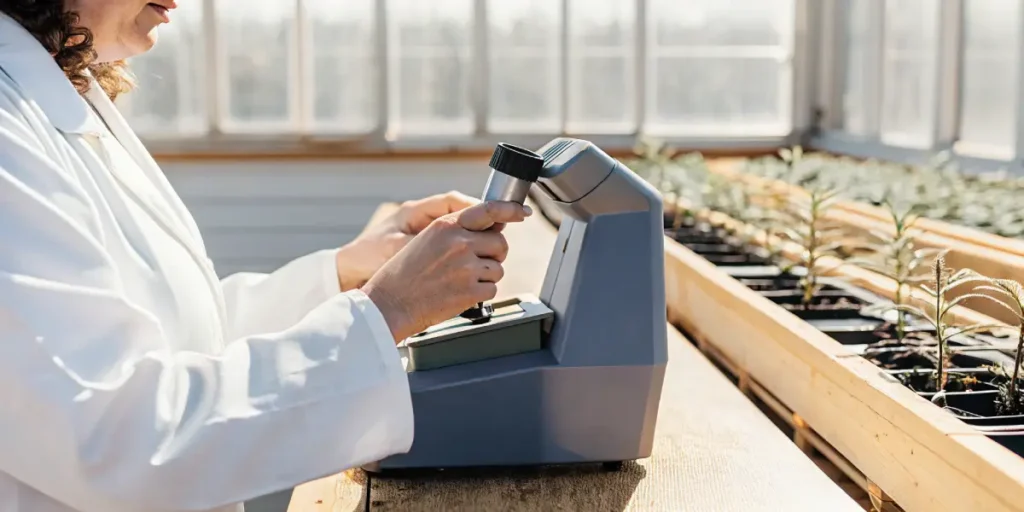 Laboratory technician analyzing cannabis sap with a refractometer in a controlled indoor setting.