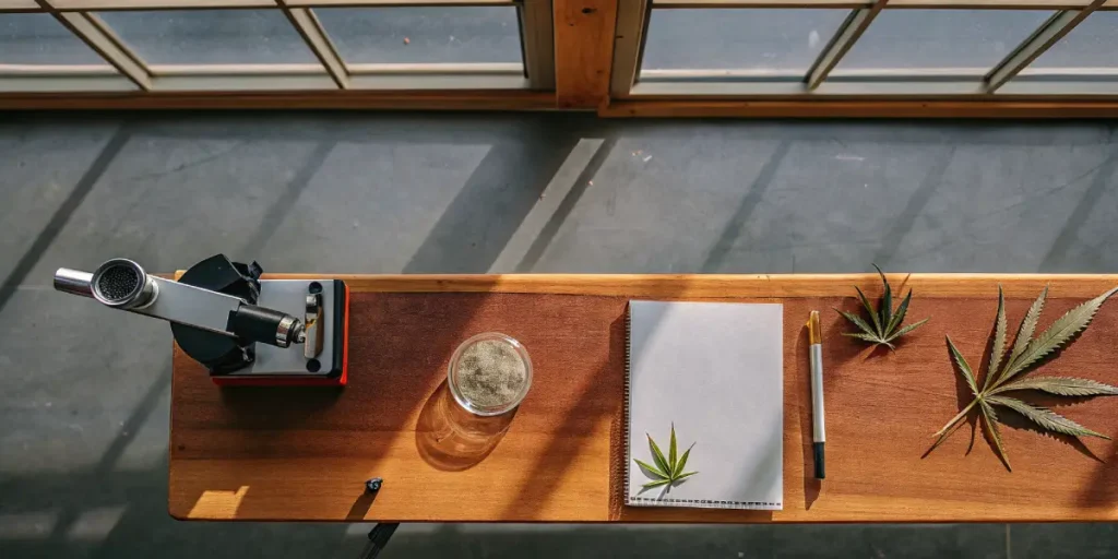 Laboratory table with refractometer, cannabis leaves, and analysis tools under natural light