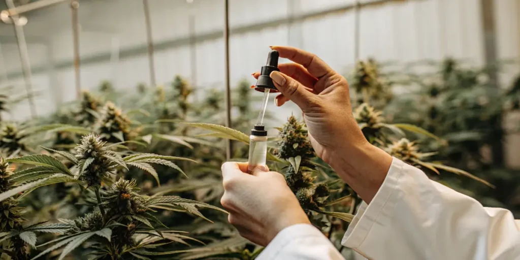 Laboratory technician testing cannabis buds with a dropper inside a professional greenhouse grow room
