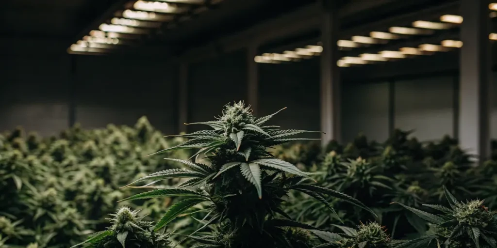 Large-scale indoor cannabis grow room with multiple flowering plants under artificial lighting and organized rows.