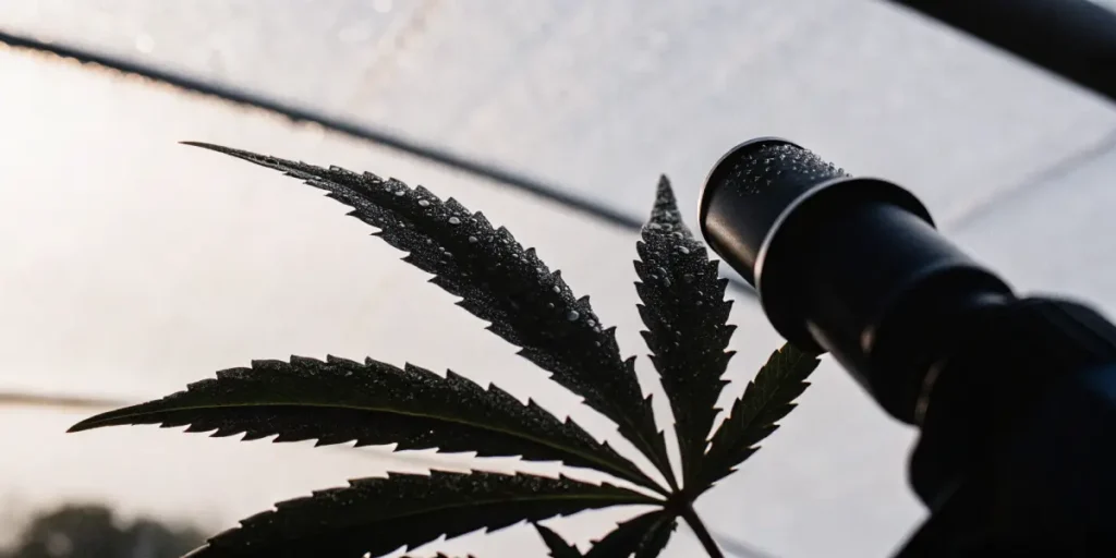 Macro view of a cannabis leaf with a magnifier revealing water droplets and leaf texture