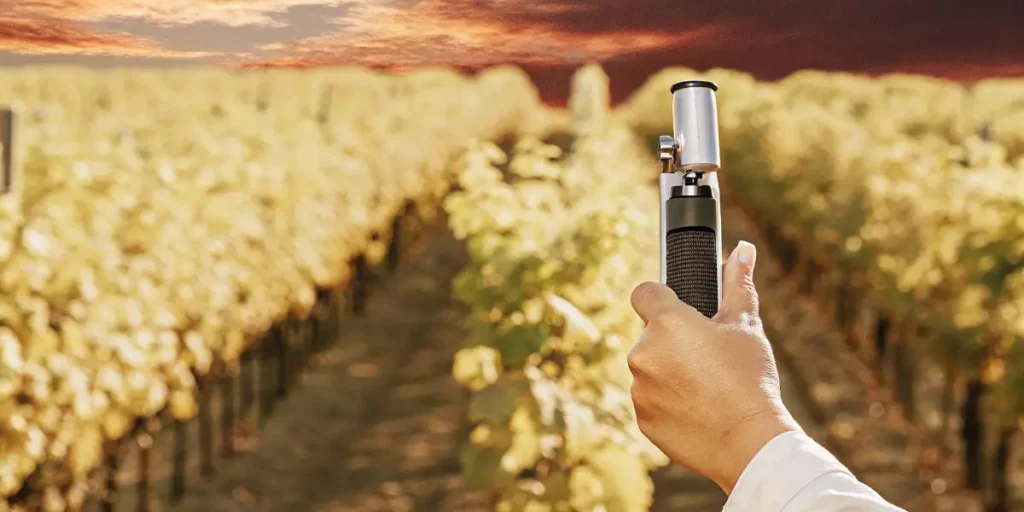 Hand holding a refractometer while measuring brix levels in a cannabis field during sunset