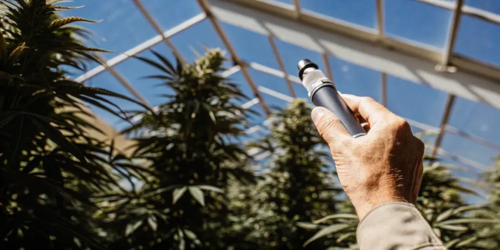 Measuring brix levels in cannabis plants using a handheld refractometer inside a greenhouse