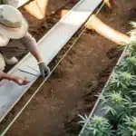 Farmer measuring irrigation lines between cannabis plants inside a greenhouse cultivation system.