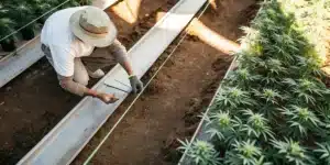 Farmer measuring irrigation lines between cannabis plants inside a greenhouse cultivation system.