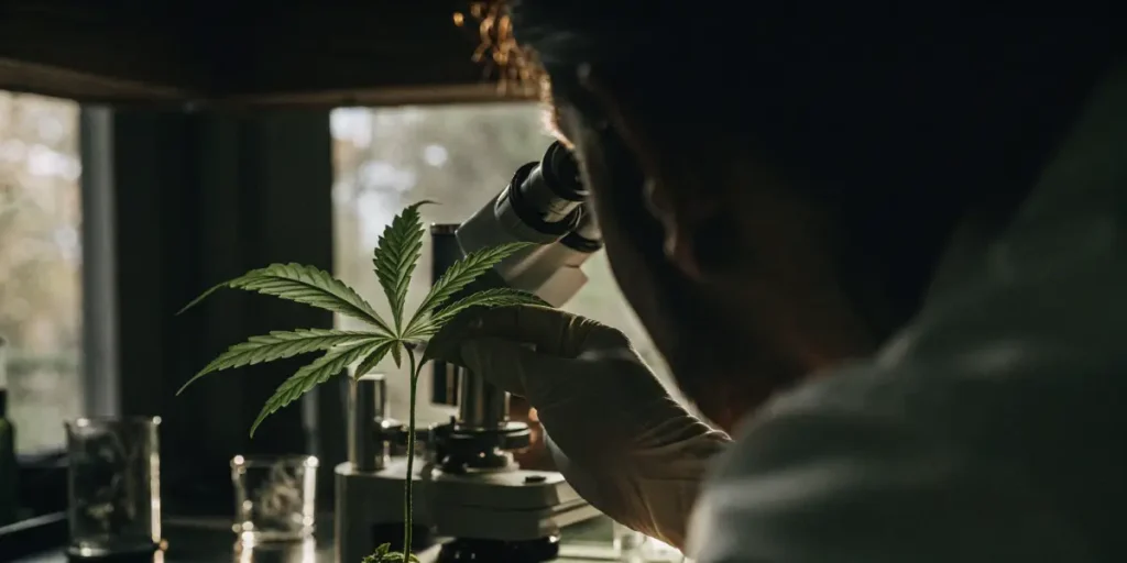 A close-up view of a researcher using a microscope to study a cannabis leaf, highlighting scientific analysis, plant morphology evaluation, and professional cannabis research practices.