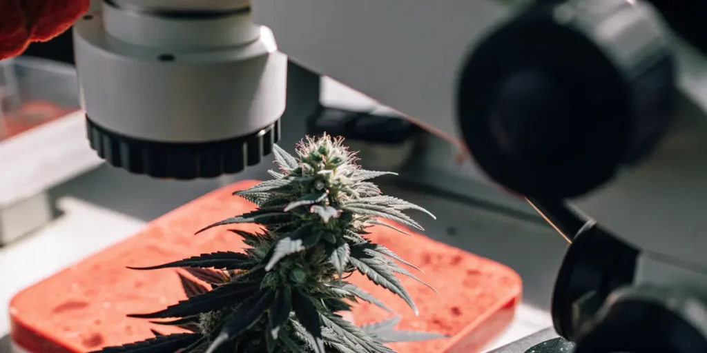 A detailed laboratory scene showing a cannabis bud examined under a microscope, illustrating precision analysis, trichome development, and scientific quality control in cannabis production.