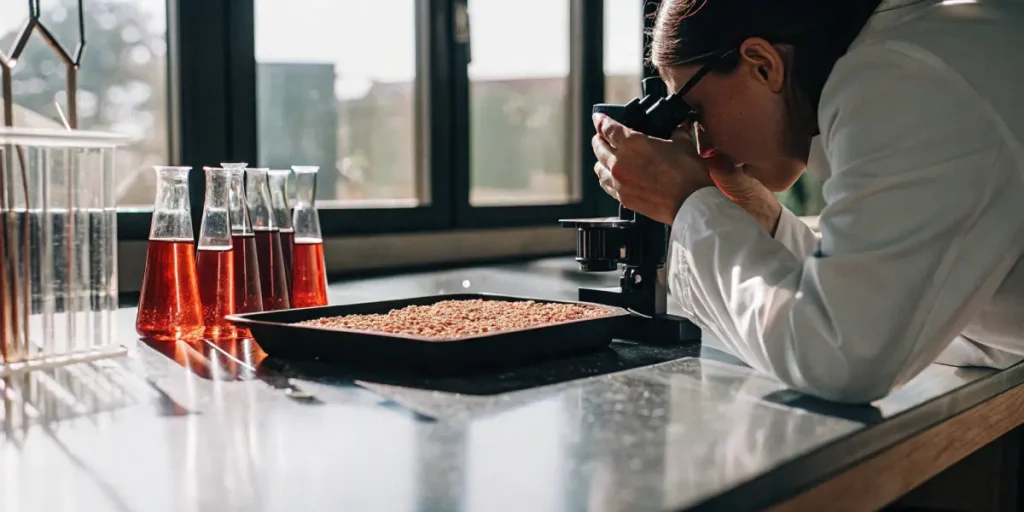 Microscopic examination of a plant sample in a laboratory with liquid samples in the background