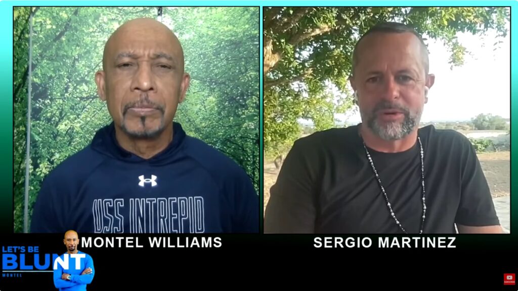 Montel Williams and Sergio Martinez in a split-screen cannabis interview for Blimburn Seeds video.