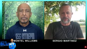 Montel Williams and Sergio Martinez in a split-screen cannabis interview for Blimburn Seeds video.