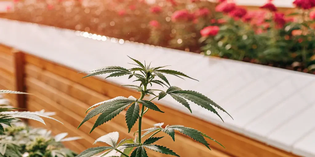 Outdoor cannabis plant in early growth stage growing in a raised garden bed under natural sunlight