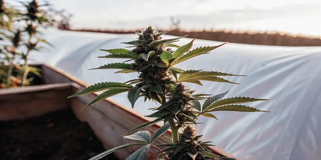 Outdoor cannabis plant in the flowering stage growing in a raised garden bed under natural sunlight.