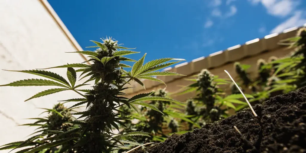 Outdoor cannabis plant growing in rich soil under a clear blue sky during the flowering stage