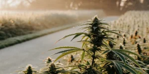 Outdoor cannabis plant growing in a frosty field during early morning light, showing healthy buds and leaves under cool conditions.