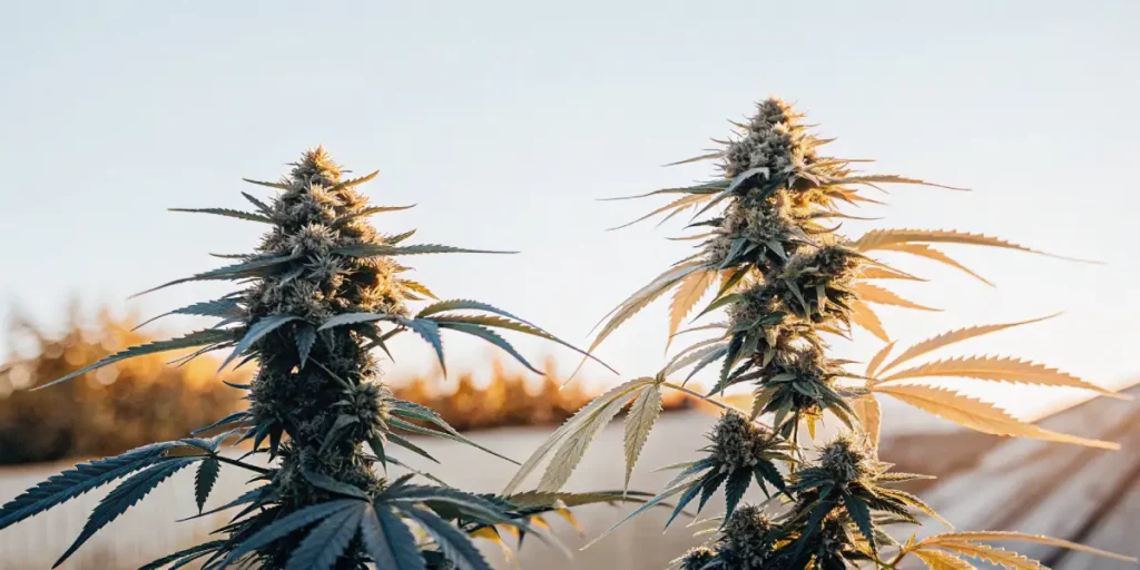 Outdoor cannabis plants in full bloom during golden hour, with tall colas and sunlit leaves.