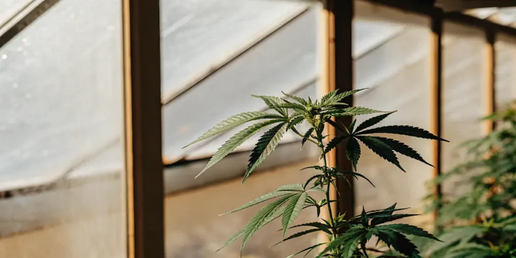 Plante de cannabis en phase de croissance cultivée en serre avec éclairage naturel filtré