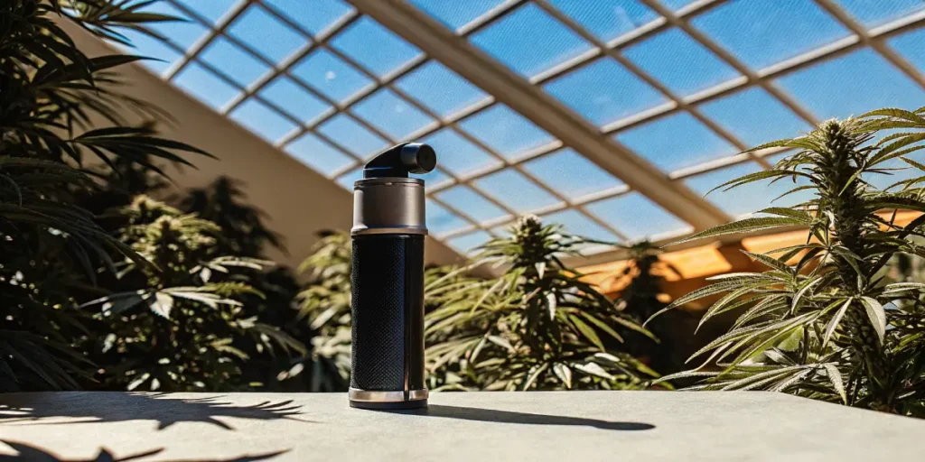 Portable digital refractometer displayed in an indoor cannabis grow room for precise brix and plant health monitoring.