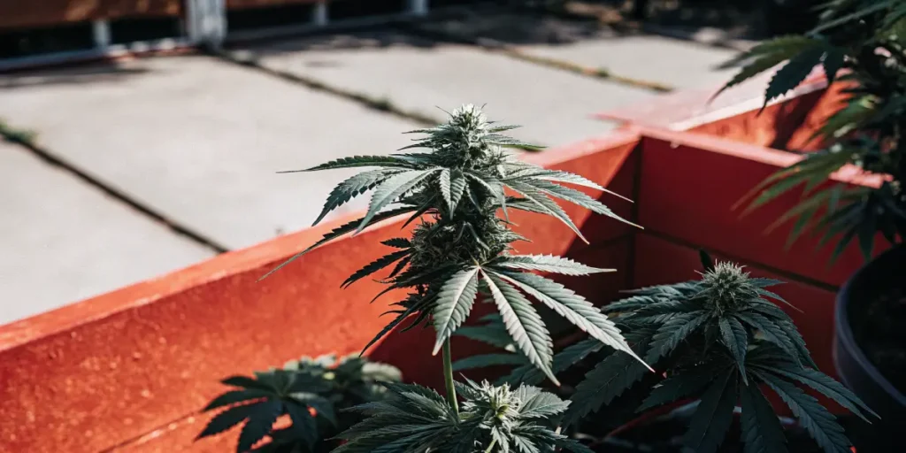 Potted cannabis plant in the flowering phase growing outdoors in a container with dense buds.