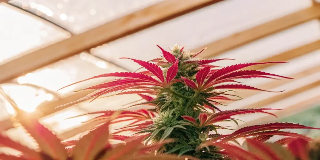Cannabis buds with red and purple leaves growing under natural greenhouse light