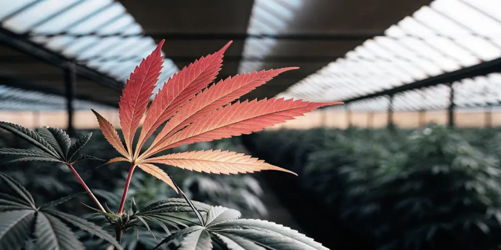 Red cannabis leaf contrasting against green foliage inside a greenhouse with structured rows and diffused lighting.