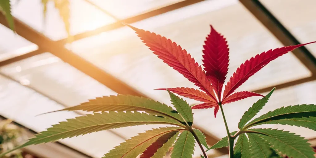 Red cannabis leaf exposed to greenhouse light, showing color change caused by genetics or environmental stress.