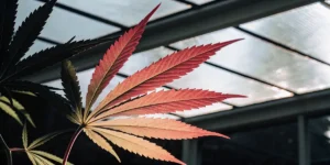 Red cannabis leaf illuminated by natural light inside a greenhouse environment.