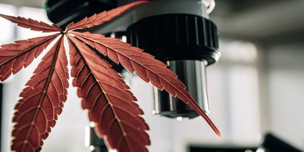 Red cannabis leaf examined under a laboratory microscope to analyze leaf discoloration and plant stress indicators
