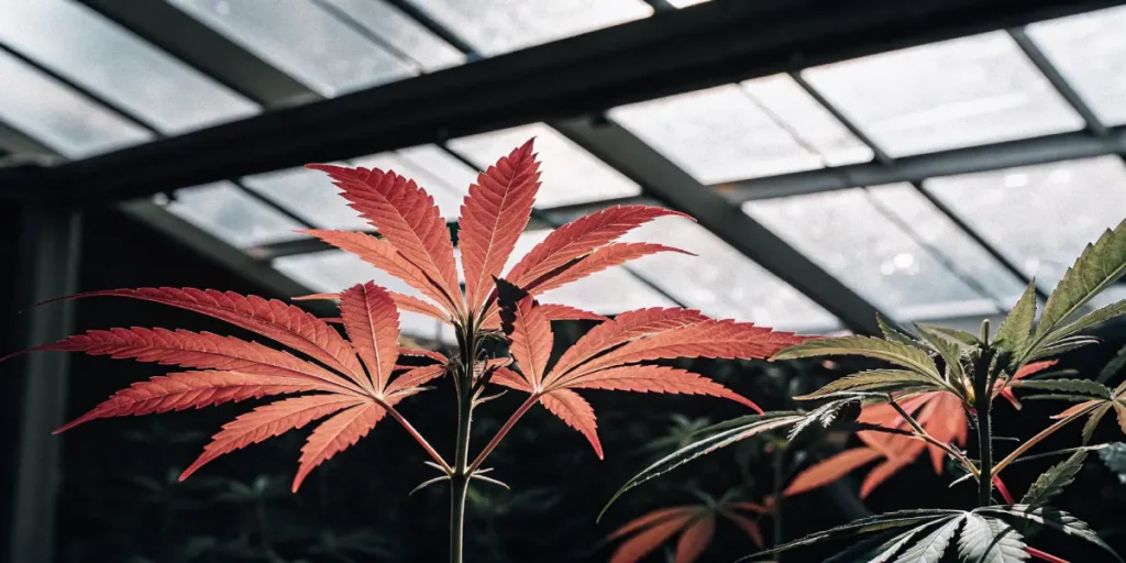 Cannabis plant displaying vibrant red leaves inside a greenhouse under controlled growing conditions.