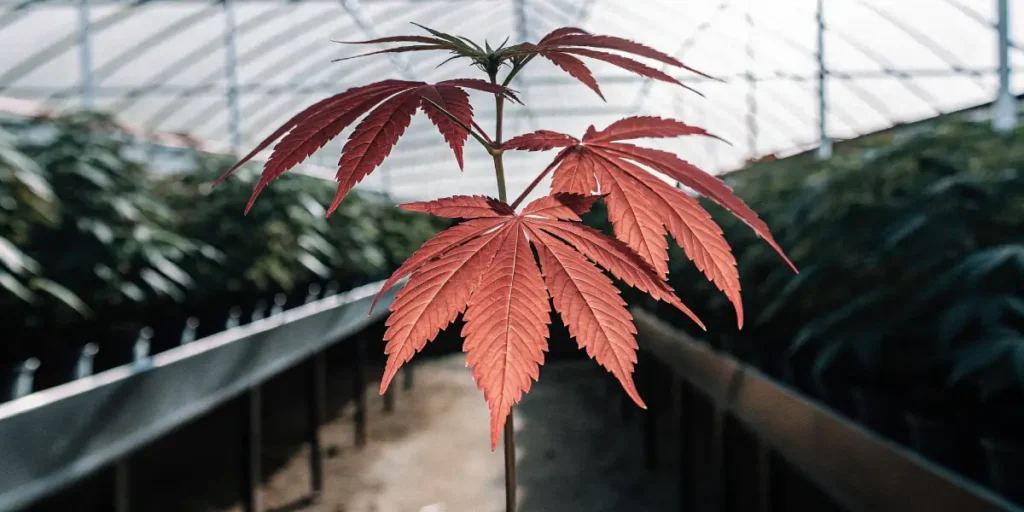 Cannabis plant with red leaves growing in a greenhouse, showing natural stress response or genetic coloration.