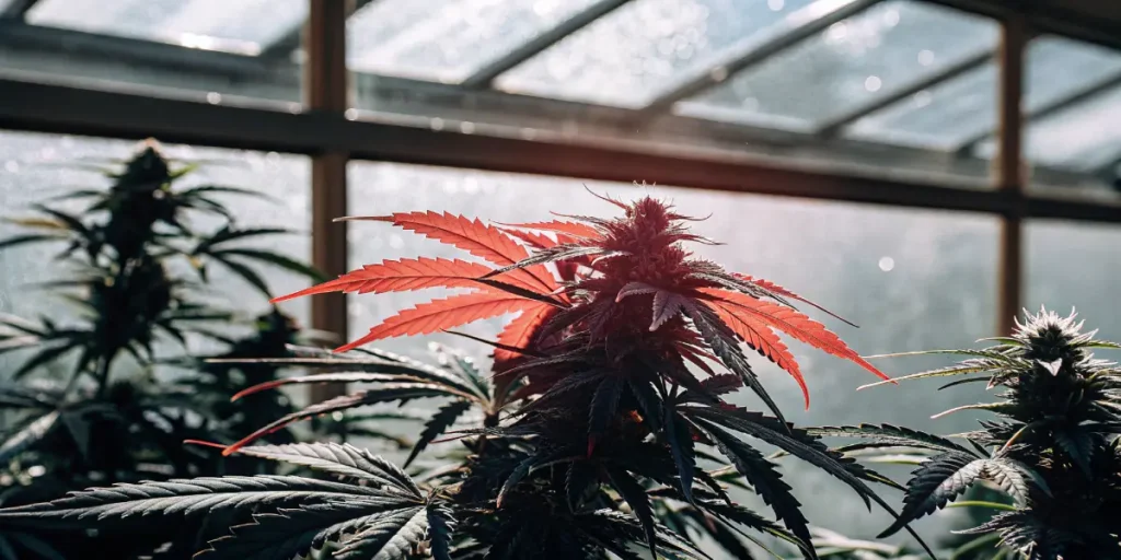 Red-leaf cannabis plant in late flowering stage growing inside a sunlit greenhouse