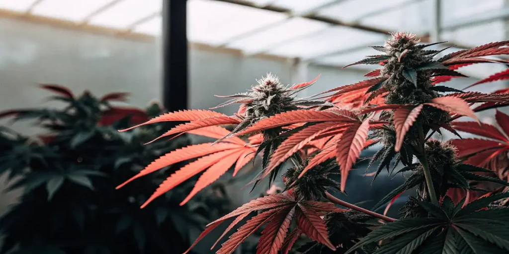 Cannabis plant with red leaves during flowering phase growing in a controlled greenhouse environment