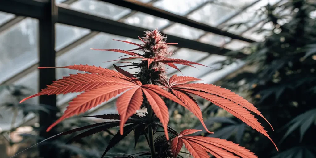 Cannabis plant with red leaves flowering inside a controlled greenhouse environment