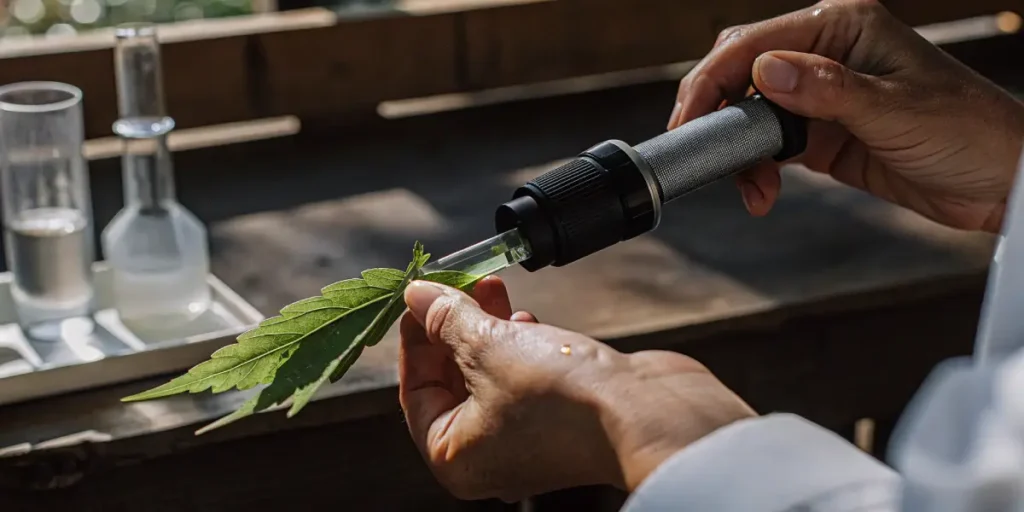 Laboratory technician examining a cannabis leaf sample with a refractometer to measure sugar concentration.