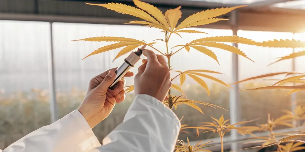 Refractometer analysis being performed on yellowing cannabis leaves in a greenhouse environment.